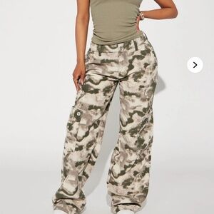 Fashion Nova Corduroy Pants Green and Cream Wide Leg Pants